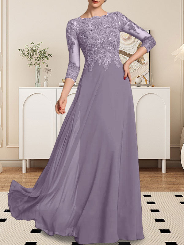 Vestido de gasa con encaje y lentejuelas para madre de la novia, corte A, largo hasta el suelo