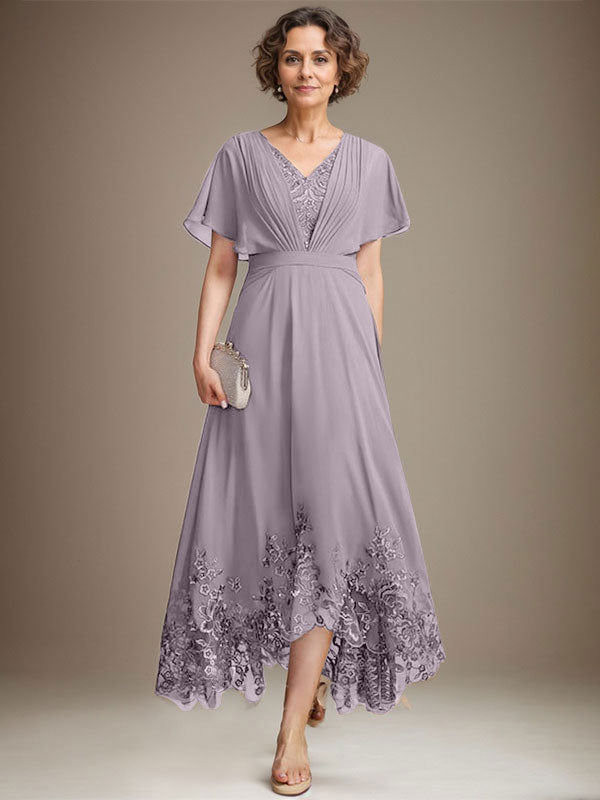 A-Linie V-Ausschnitt Asymmetrisches Spitzen-Chiffon-Kleid für die Brautmutter mit Plissee