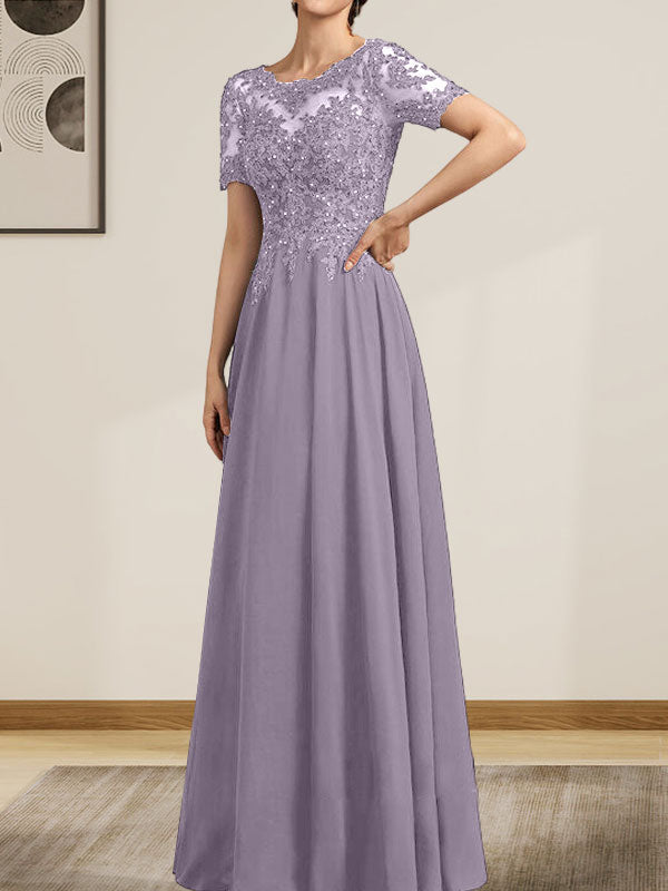 Vestido de gasa con encaje y lentejuelas para madre de la novia, largo hasta el suelo, con escote en A y ilusión