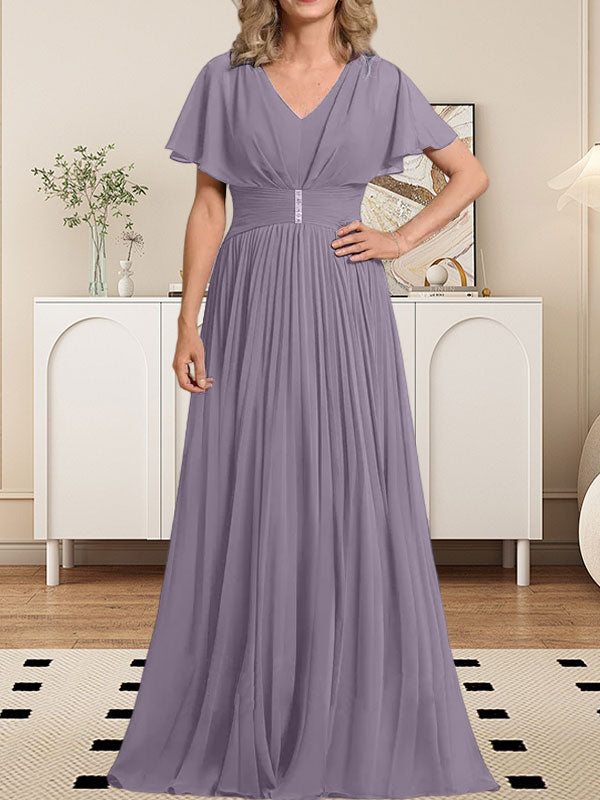 A-Linie V-Ausschnitt Bodenlang Chiffon Mutter der Braut Kleid Mit Kristall Brosche Plissee