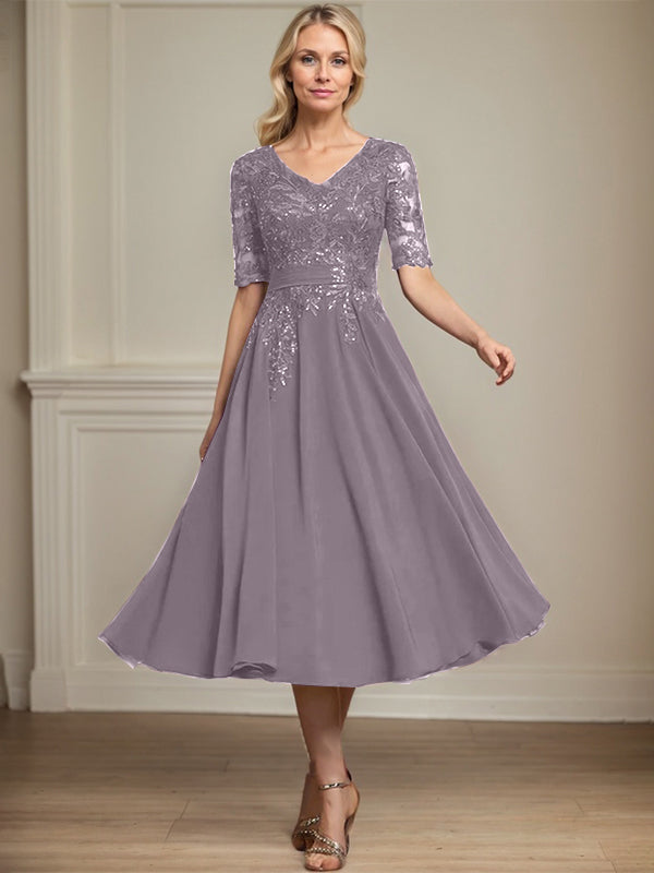 A-Linie V-Ausschnitt Wadenlanges Spitzen-Chiffon-Kleid für die Brautmutter mit Pailletten