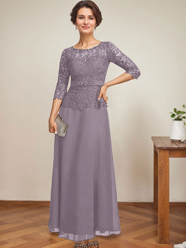 Vestido de gasa con encaje y escote en A, ilusión, largo hasta los tobillos, para madre de la novia con cuentas de diamantes de imitación