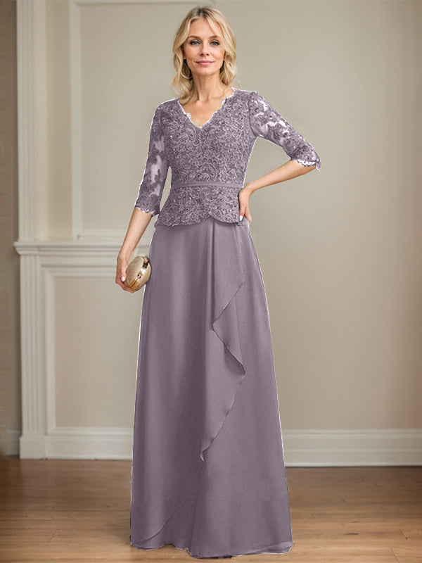 A-Linie, V-Ausschnitt, bodenlanges Chiffon-Kleid für die Brautmutter mit kaskadierenden Rüschen und Pailletten