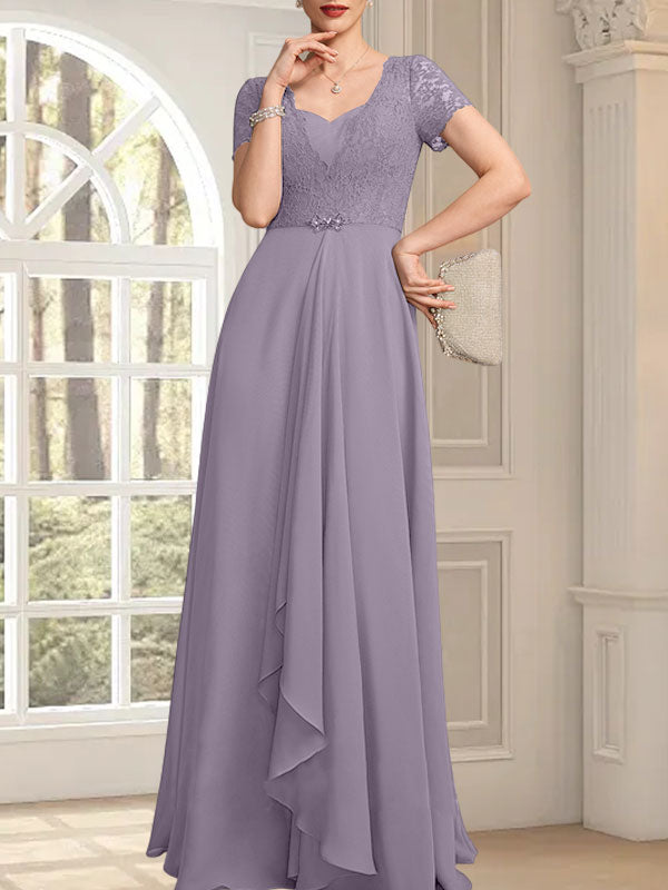 A-Linie, Herzausschnitt, bodenlang, Chiffon, Spitze, Kleid für die Brautmutter mit Perlenbesatz, kaskadierenden Rüschen