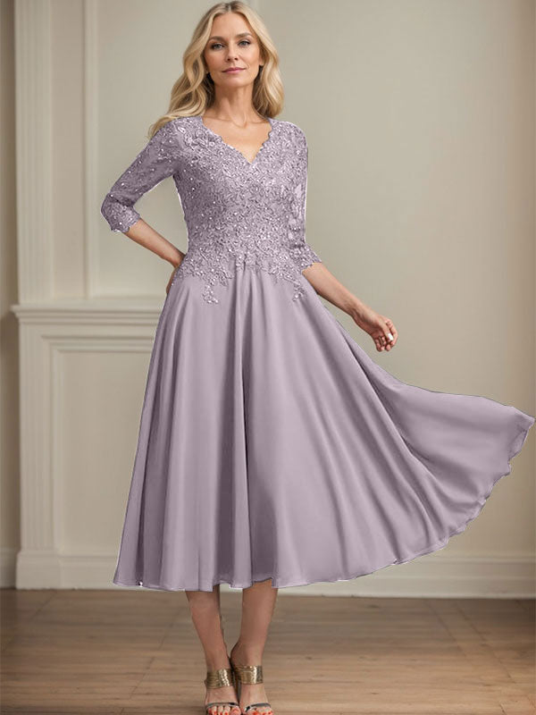 A-Linie, V-Ausschnitt, knielang, Chiffon, Spitze, Kleid für die Brautmutter mit Perlen und Pailletten