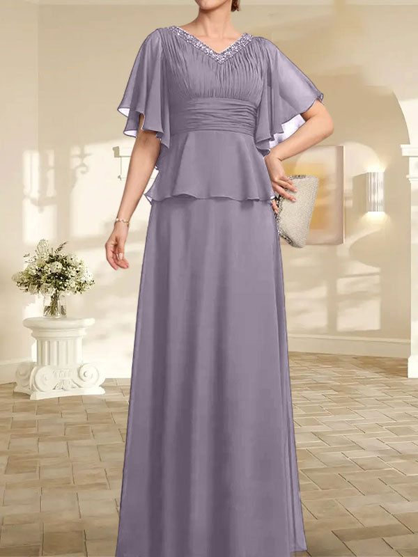 A-Linie, V-Ausschnitt, bodenlanges Chiffonkleid für die Brautmutter mit plissierter Perlenstickerei