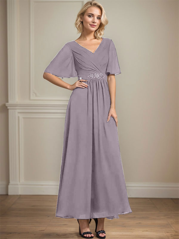 A-Linien-Kleid aus Chiffon mit V-Ausschnitt und Knöchellänge für die Brautmutter mit plissierten Perlen und Pailletten
