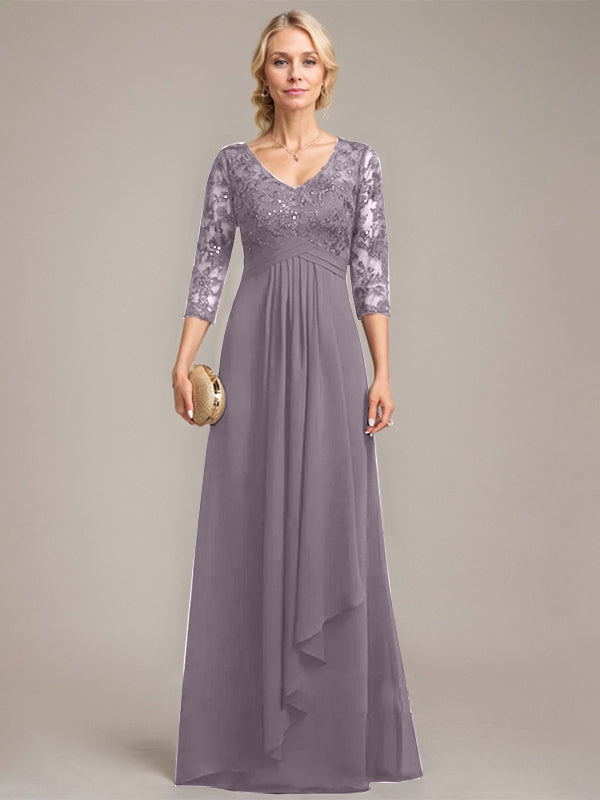 A-Linie, V-Ausschnitt, bodenlanges Chiffon-Kleid für die Brautmutter mit kaskadierenden Rüschen und Pailletten