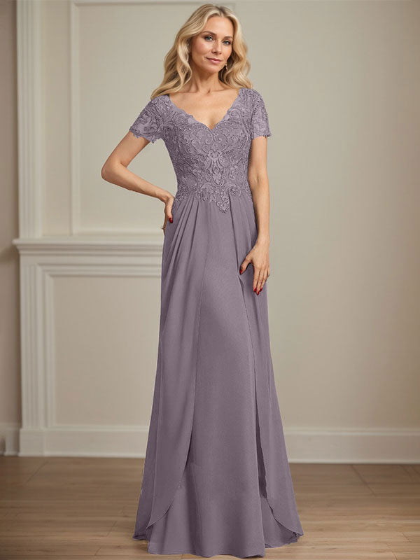 A-Linie V-Ausschnitt Bodenlanges Chiffon-Spitzenkleid für die Brautmutter
