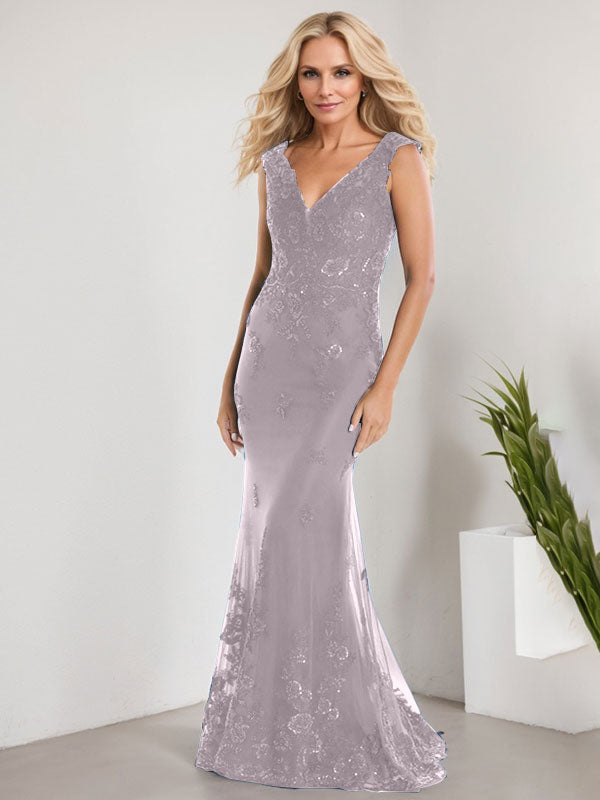 A-Linie V-Ausschnitt Bodenlang Spitze Chiffon Mutter der Braut Kleid Mit Applikation Pailletten Meerjungfrau Kleider