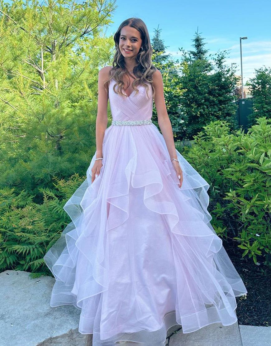 Roycebridal Salem | Vestido de fiesta de tul con volantes, escote en V y cinturón, corte A