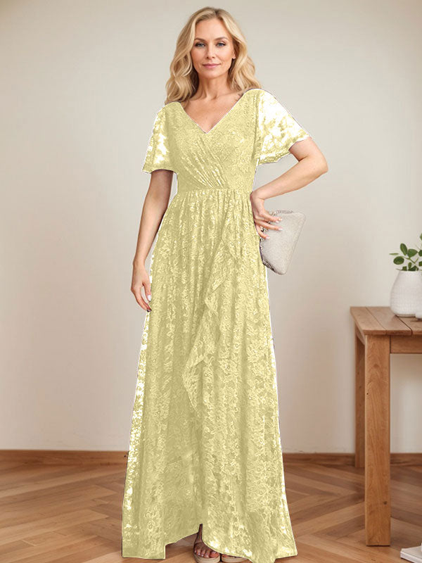 A-Linien-Kleid mit V-Ausschnitt, asymmetrischer Spitze für die Brautmutter mit kaskadierenden Rüschen