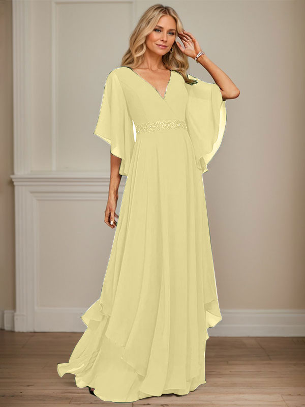 A-Linie V-Ausschnitt Bodenlang Chiffon Kleid für die Brautmutter mit Pailletten Applikationen Spitze Perlen