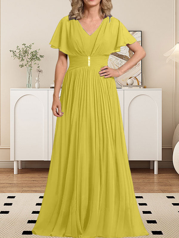 A-Linie V-Ausschnitt Bodenlang Chiffon Mutter der Braut Kleid Mit Kristall Brosche Plissee