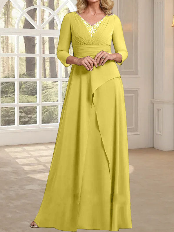 A-Linie, V-Ausschnitt, bodenlanges Chiffonkleid für die Brautmutter mit plissierter Perlenstickerei
