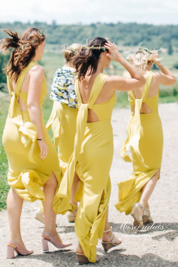 Yellow Satin Sheath Bateau Floor Length Bridesmaid Dresses With Slit