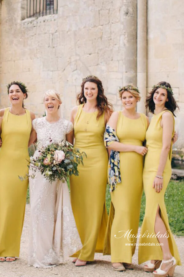 Yellow Satin Sheath Bateau Floor Length Bridesmaid Dresses With Slit