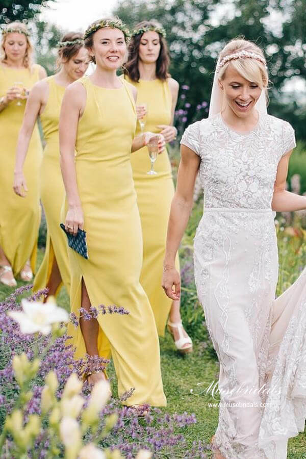 Yellow Satin Sheath Bateau Floor Length Bridesmaid Dresses With Slit
