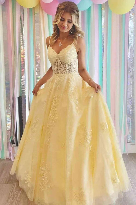 Gelbes A-Linien-Ballkleid aus Tüll mit V-Ausschnitt und Spitzenapplikationen, langes Abendkleid