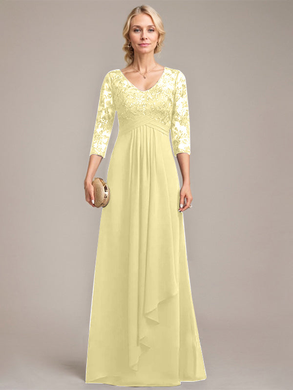 A-Linie, V-Ausschnitt, bodenlanges Chiffon-Kleid für die Brautmutter mit kaskadierenden Rüschen und Pailletten