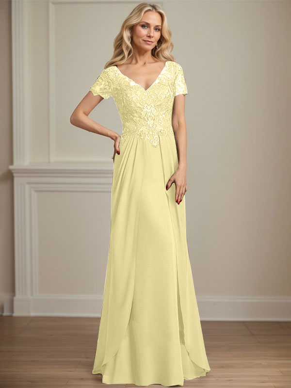 A-Linie V-Ausschnitt Bodenlanges Chiffon-Spitzenkleid für die Brautmutter