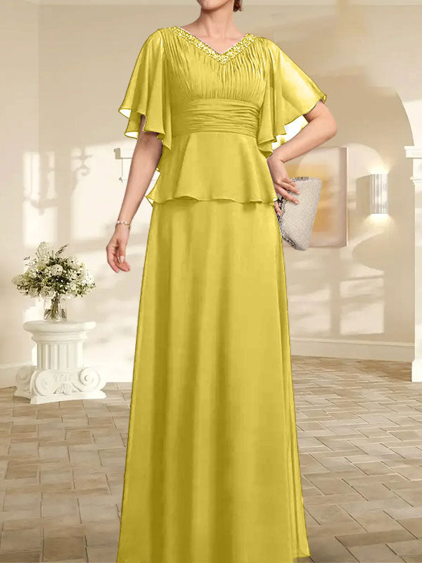 A-Linie, V-Ausschnitt, bodenlanges Chiffonkleid für die Brautmutter mit plissierter Perlenstickerei
