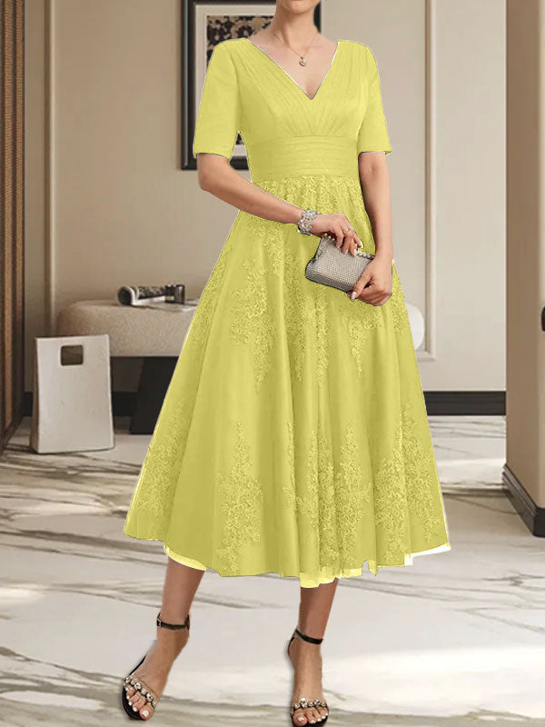 A-line V-Neck Tea-Length Tulle Lace Mother of the Bride Dress With Pleated