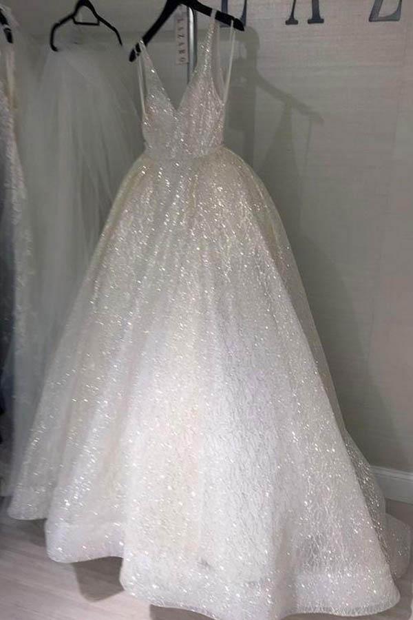 A-Linie Rückenfreies Strandhochzeitskleid V-Ausschnitt Pailletten Elfenbein Brautkleider