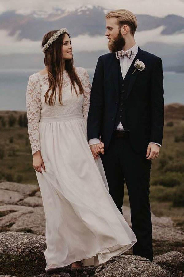 A-Linie, Bateau-Ausschnitt, bodenlanges Chiffon-Brautkleid mit langen Ärmeln