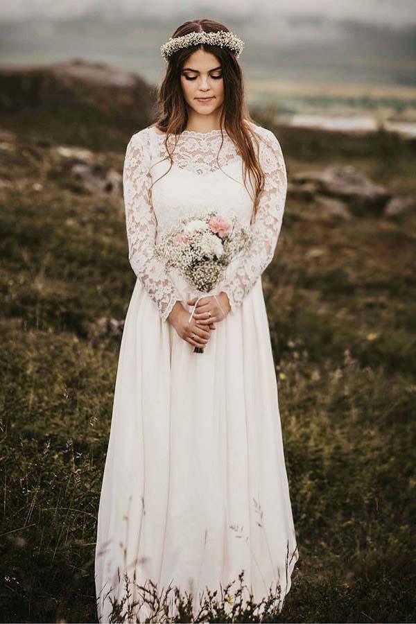 A-Linie, Bateau-Ausschnitt, bodenlanges Chiffon-Brautkleid mit langen Ärmeln