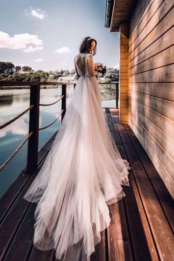 A-Linie Flügelärmel Silber Langes Tüll Strand Brautkleid