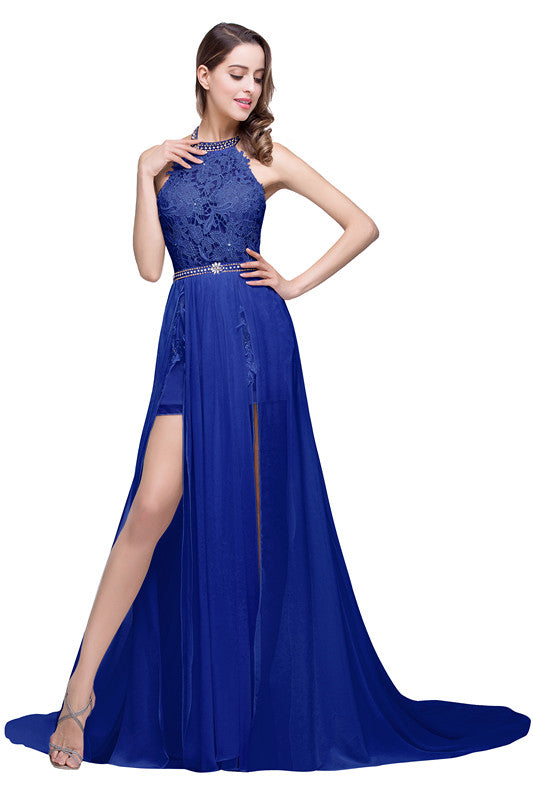 A-Linie Neckholder Chiffon Abendkleid mit Spitze
