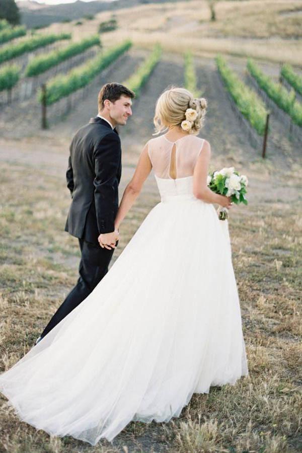 A-line Illusion Tulle Vintage Outdoor Ivory Wedding Dress