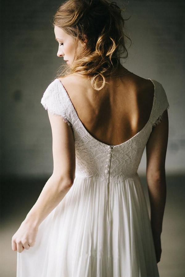 A-Linie Elfenbein Spitze Flügelärmel Vintage Chiffon Brautkleider