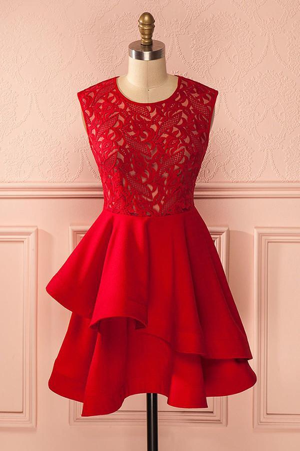 A-Linie, kurzes rotes Satin-Heimkehrkleid mit Spitzenrüschen