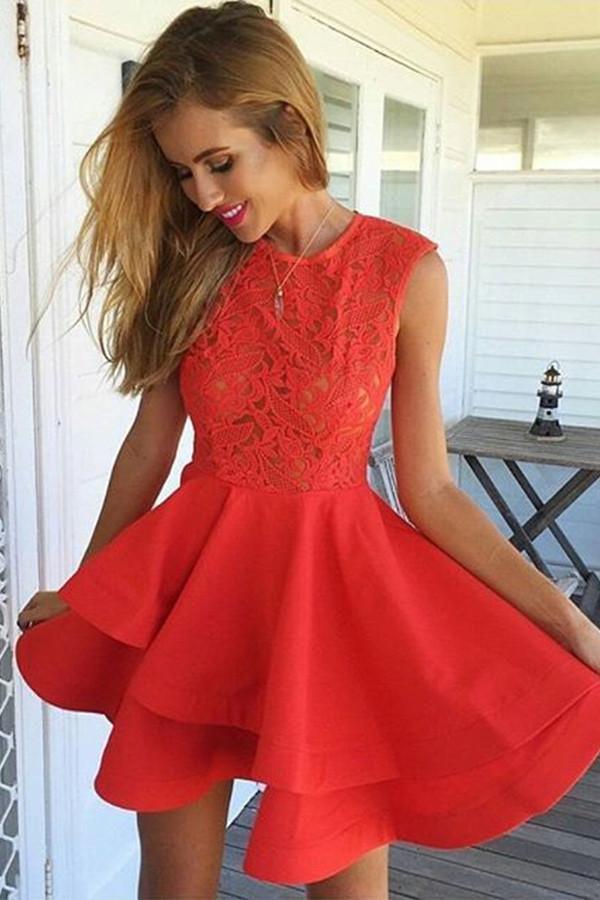 A-Linie, kurzes rotes Satin-Heimkehrkleid mit Spitzenrüschen