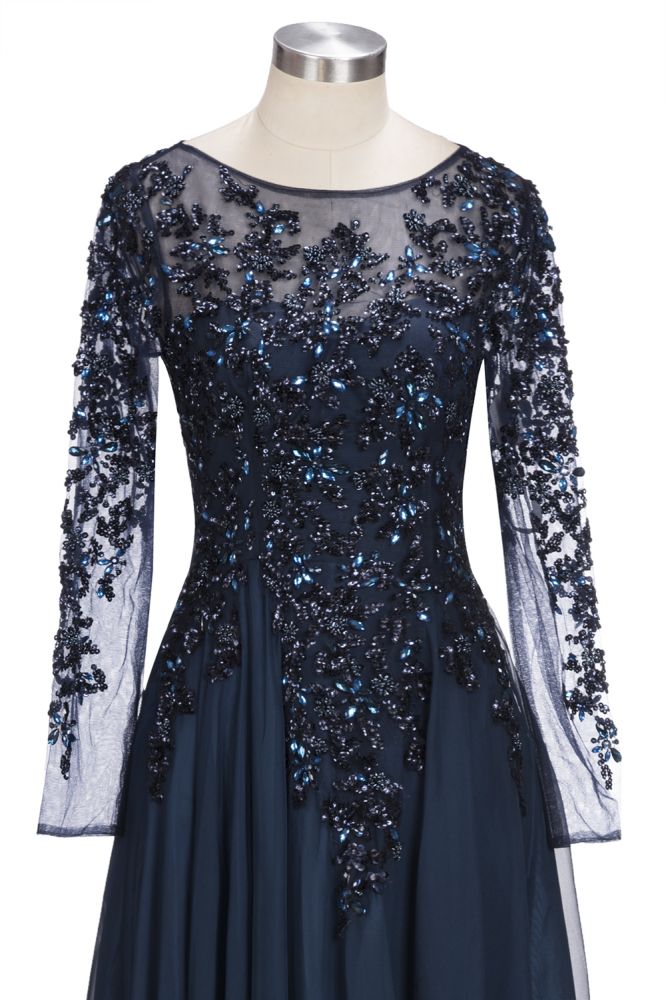 Vestidos de fiesta de tul con cristales, corte A, mangas largas y talla grande, hasta el suelo
