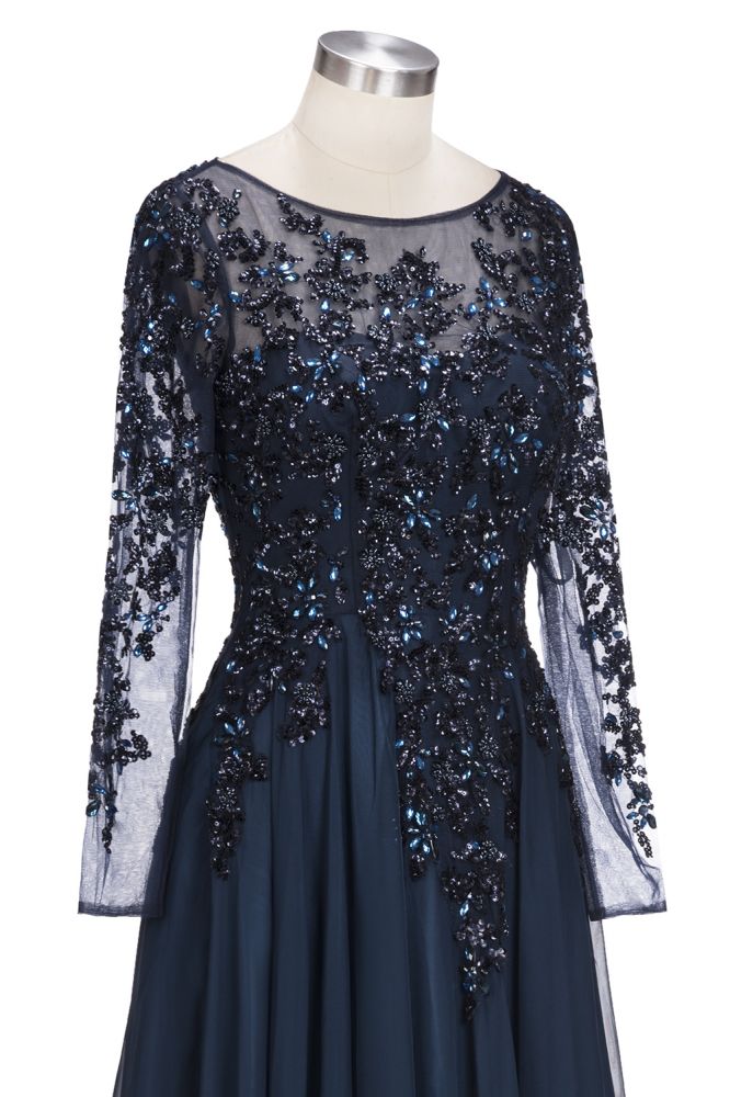 Vestidos de fiesta de tul con cristales, corte A, mangas largas y talla grande, hasta el suelo