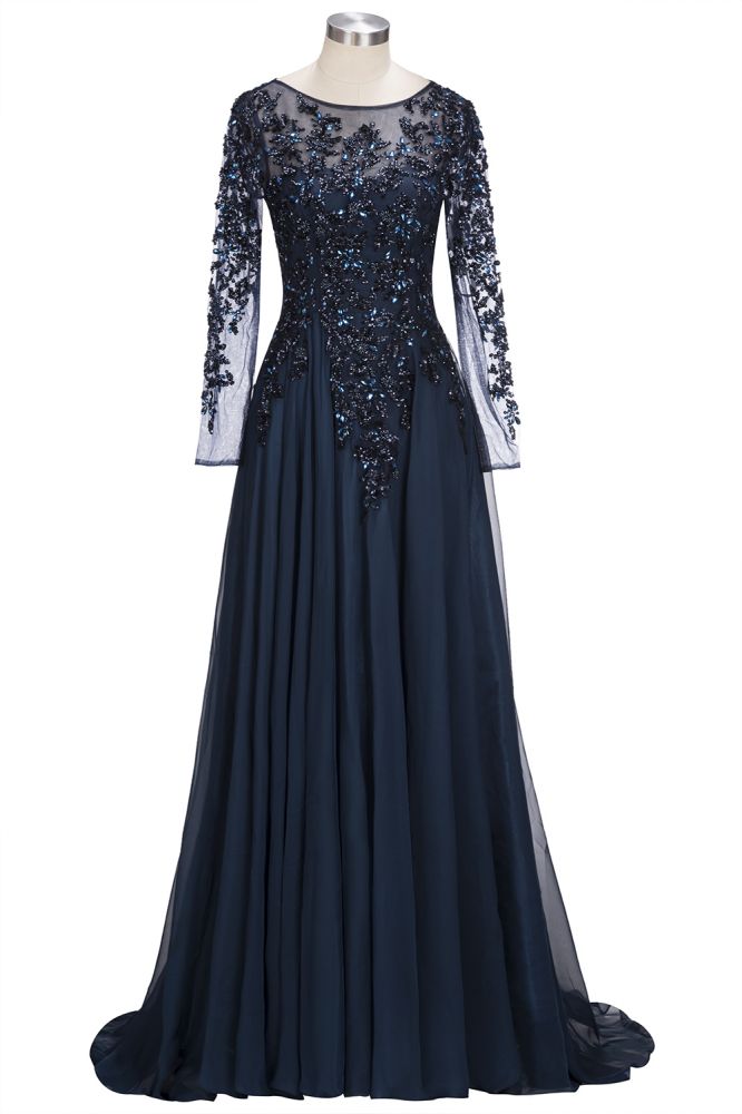 Vestidos de fiesta de tul con cristales, corte A, mangas largas y talla grande, hasta el suelo