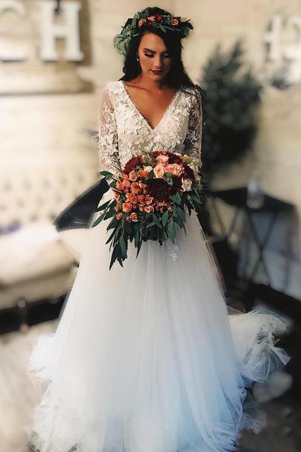 A-Linien-Brautkleid aus Tüll mit langen Ärmeln und Spitzenapplikation
