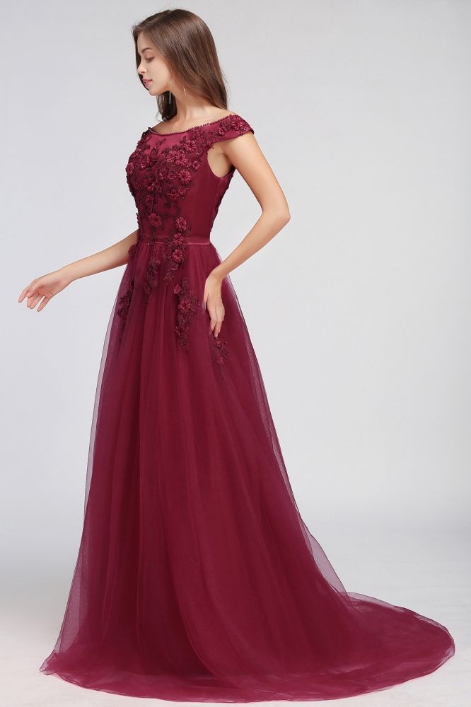 Vestidos de fiesta de tul con apliques y corte A, hombros descubiertos y largo hasta el suelo