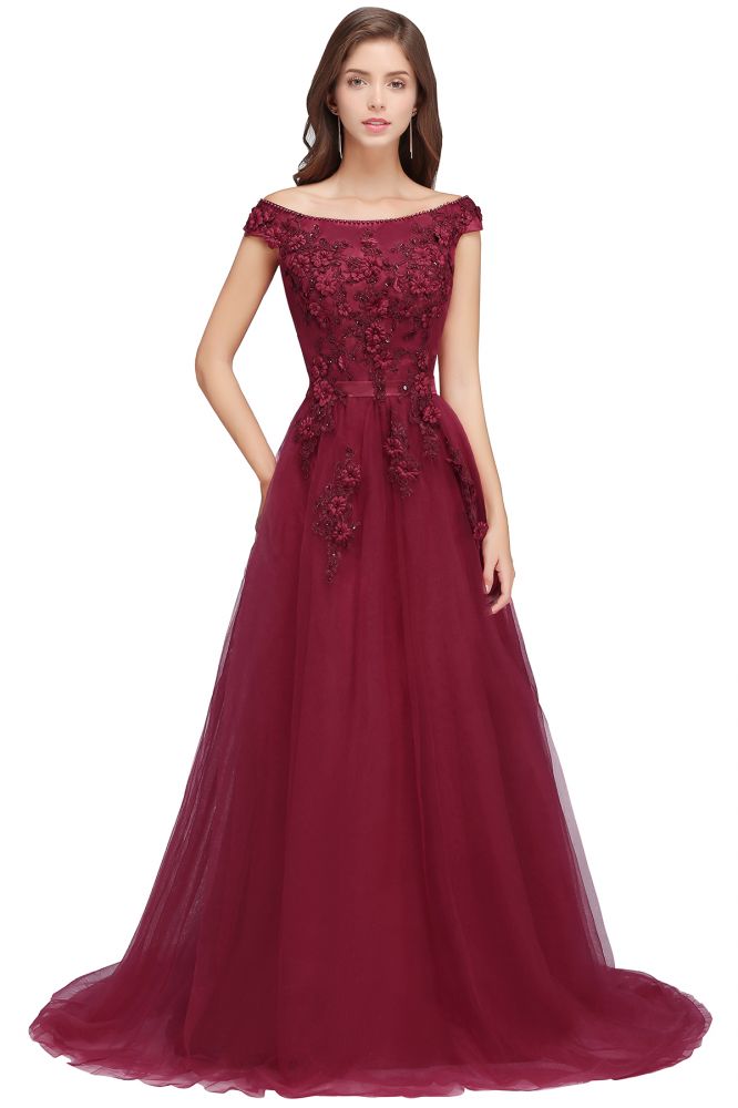 Vestidos de fiesta de tul con apliques y corte A, hombros descubiertos y largo hasta el suelo