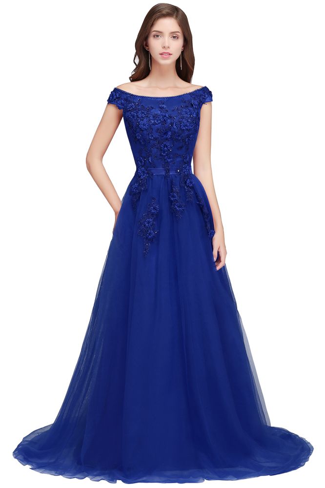 Vestidos de fiesta de tul con apliques y corte A, hombros descubiertos y largo hasta el suelo
