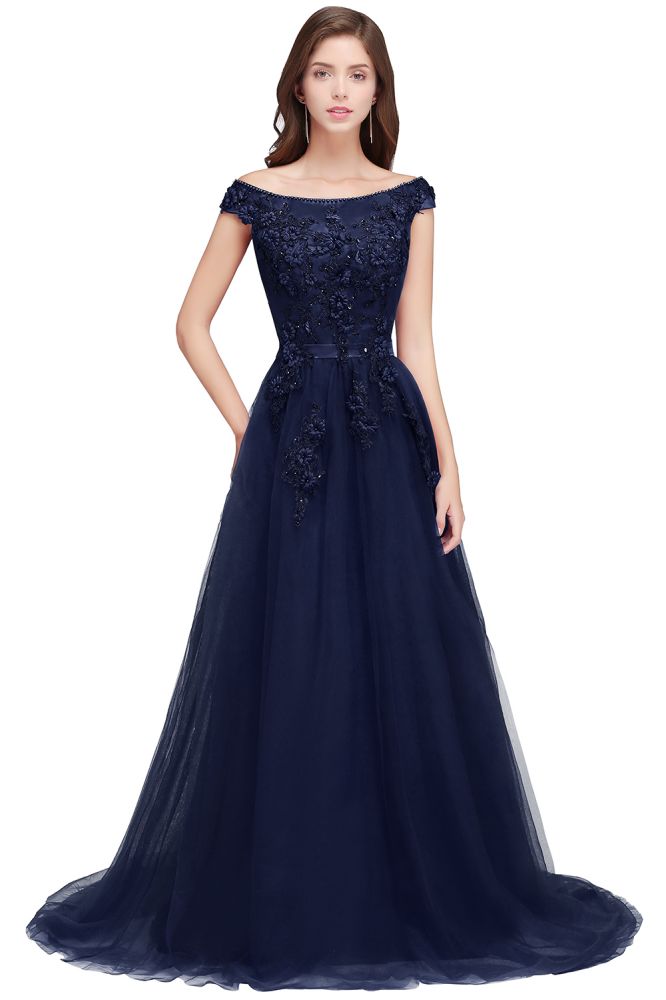 Vestidos de fiesta de tul con apliques y corte A, hombros descubiertos y largo hasta el suelo