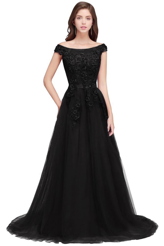 Vestidos de fiesta de tul con apliques y corte A, hombros descubiertos y largo hasta el suelo