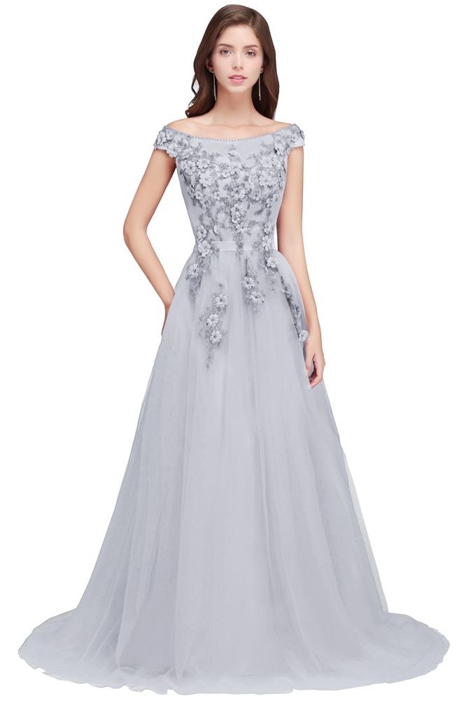 Vestidos de fiesta de tul con apliques y corte A, hombros descubiertos y largo hasta el suelo