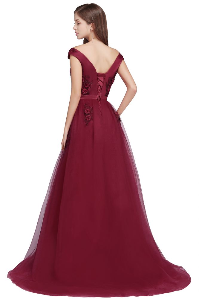 Vestidos de fiesta de tul con apliques y corte A, hombros descubiertos y largo hasta el suelo