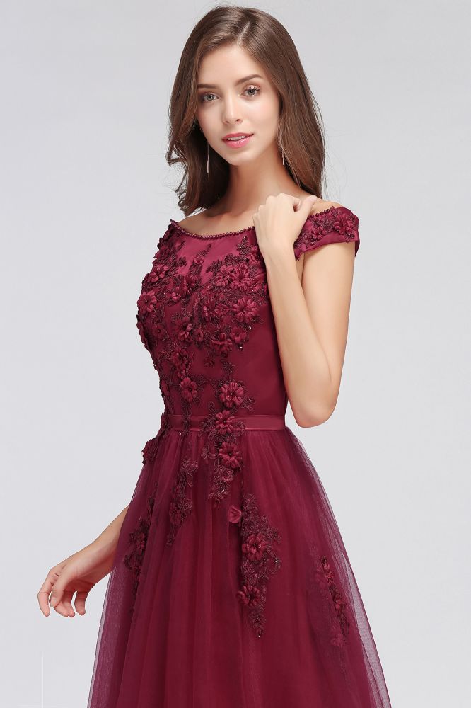 Vestidos de fiesta de tul con apliques y corte A, hombros descubiertos y largo hasta el suelo