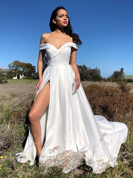Vestidos de fiesta largos de satén con hombros descubiertos y corte en A, con abertura alta, blancos, para graduación formal