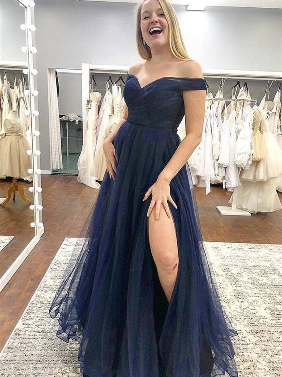 A-Linie, schulterfrei, Tüll, lang, formelle Abschlussfeier, Abendkleid mit Schlitz